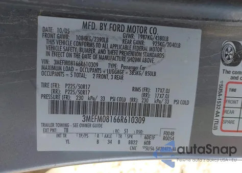 2006 Mercury Milan V6 Premier from USA, damaged, VIN 3MEFM08166R610309